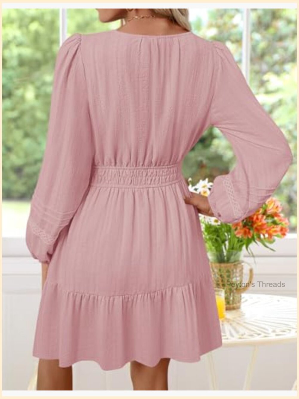 Long Sleeve V Neck Mini Dress Ruffle Pleated A Line Party Dress - Picture 3 of 7